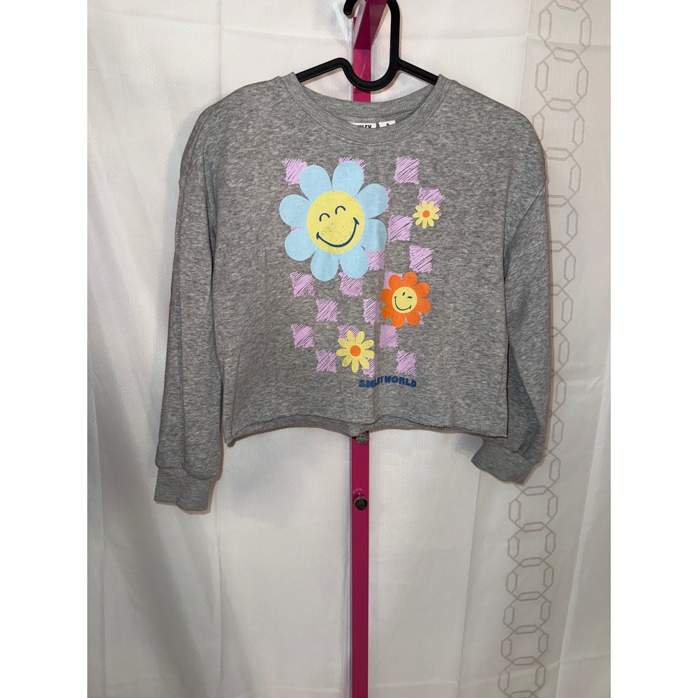 Smiley World Kids Grey Cropped Sweatshirt Flower Smiley Face Print‎ Size S 6 7